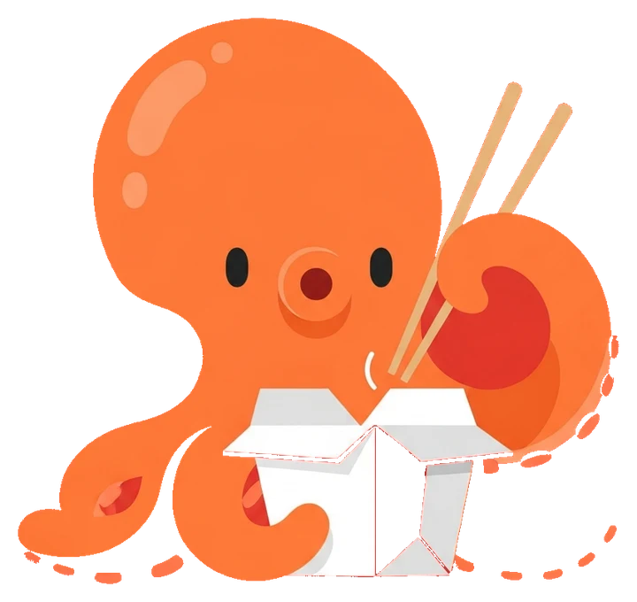 The OctoFood octopus digging into a takeout box with chopsticks